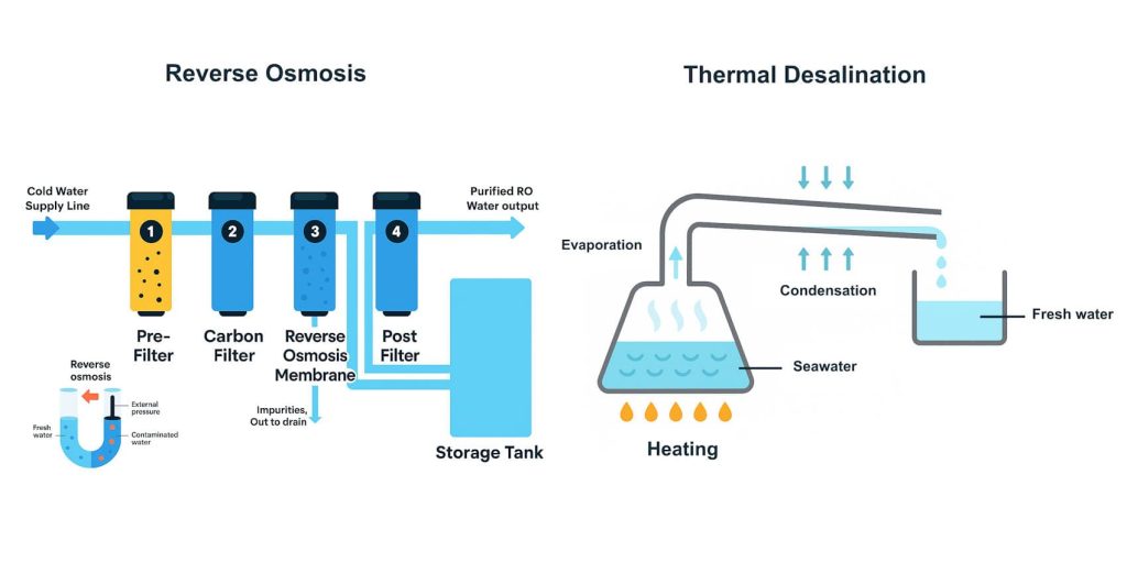 Reverse osmosis and thermal desalinators