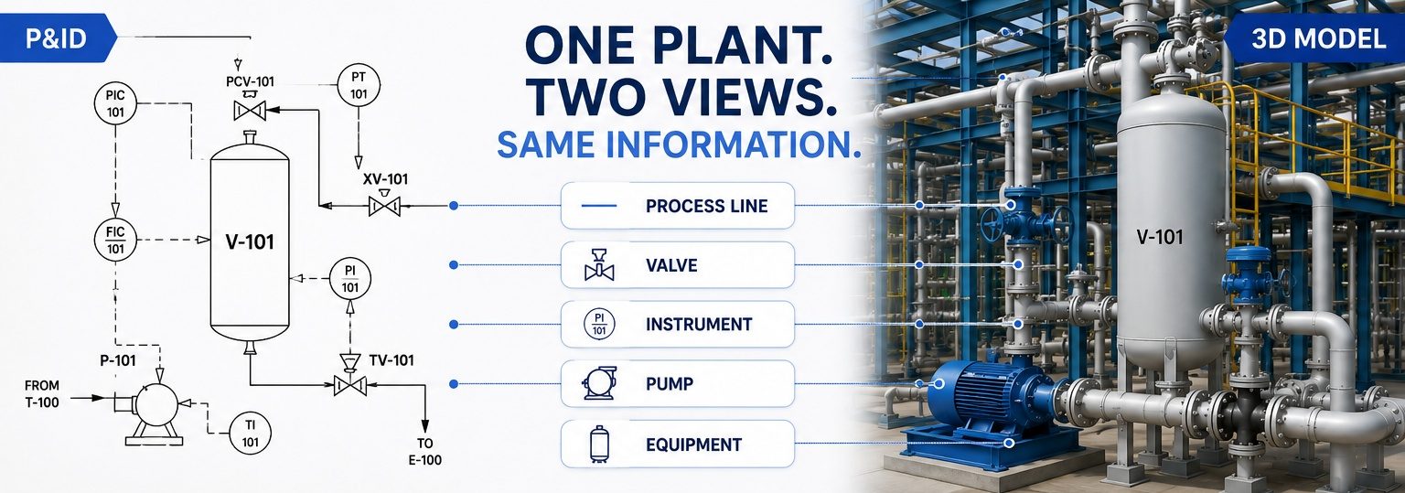 P&ID and 3D piping model representing the same industrial plant from complementary perspectives