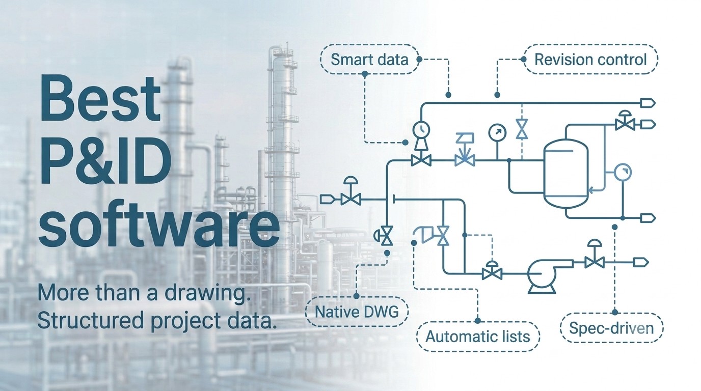 Best P&ID software with structured project data, native DWG, automatic lists, spec-driven design and revision control